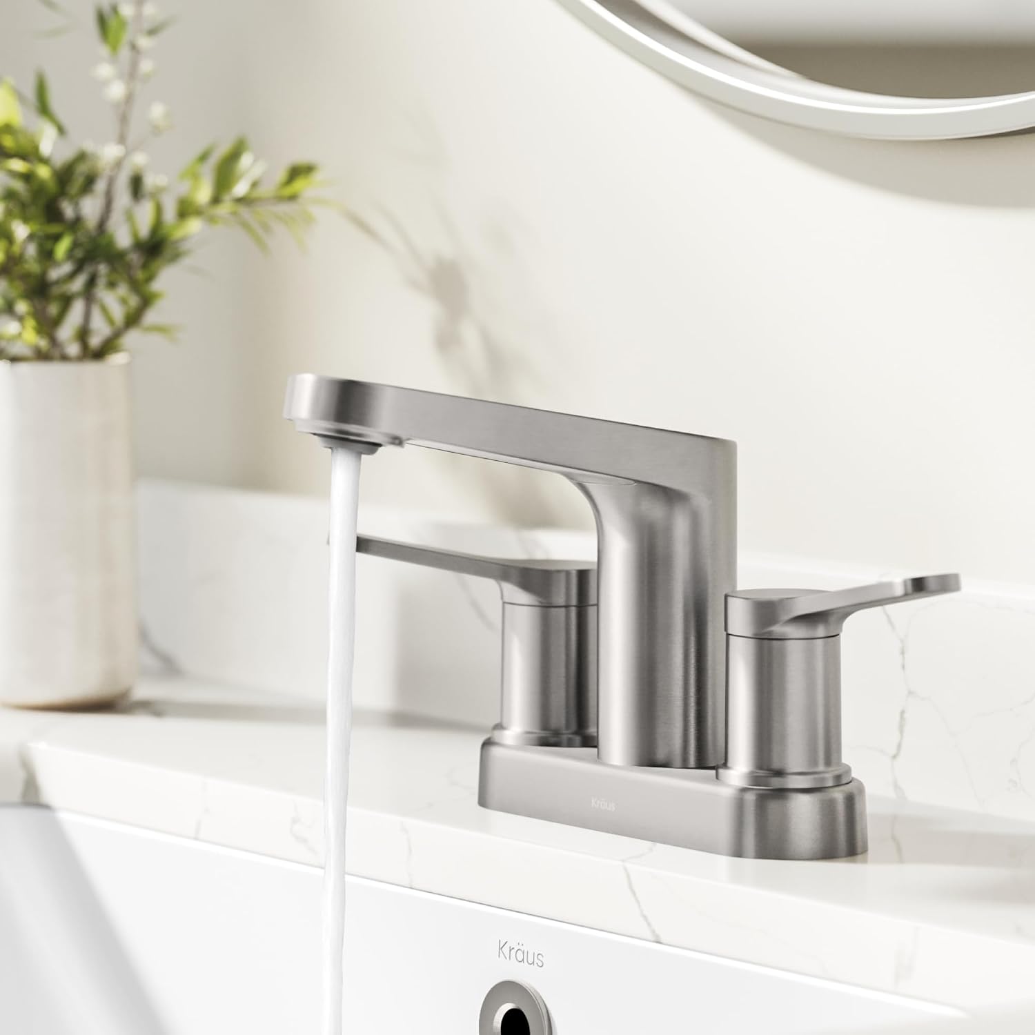 KRAUS Indy Centerset Bathroom Faucet in Spot-Free Brushed Nickel with 2 Handles, Pop Up Drain and Supply Lines, FUS-14102SFBN