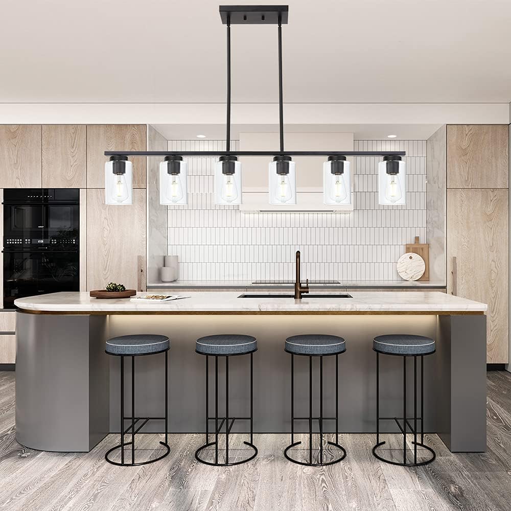 TODOLUZ Black 6-Lights Kitchen Island Light with Clear Glass Shades, Farmhouse Hanging Pendant Light Fixture for Farmhouse Dining Room Living Room