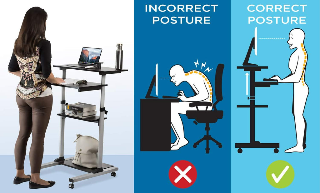 Mount-It! Rolling Standing Desk Adjustable Height up to 54.7', Portable Laptop Podium Desk on Wheels, Mobile Presentation Cart with Shelves, Adjustable Computer Workstation Home Office, Classroom