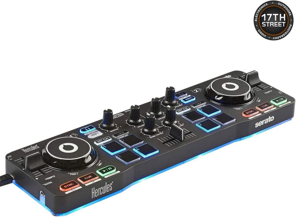Hercules DJ Starter Kit - Starlight USB DJ Controller with On-Stage Laptop Stand, Waith Hard Carry Travel Case and Waith Cleaning Cloth - Serato DJ Lite Software Include (Bundle Set)