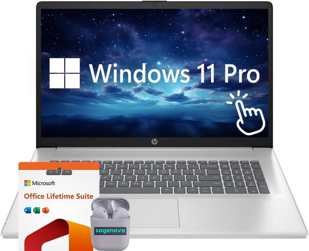 HP Touchscreen 17.3' Business Laptop Computer, Windows 11 Pro 64GB RAM 2TB SSD, Intel Core 7-150U, HD+ LED Display, Microsoft Office Lifetime Suite, Backlit Keyboard, SageNova Earphones, Silver