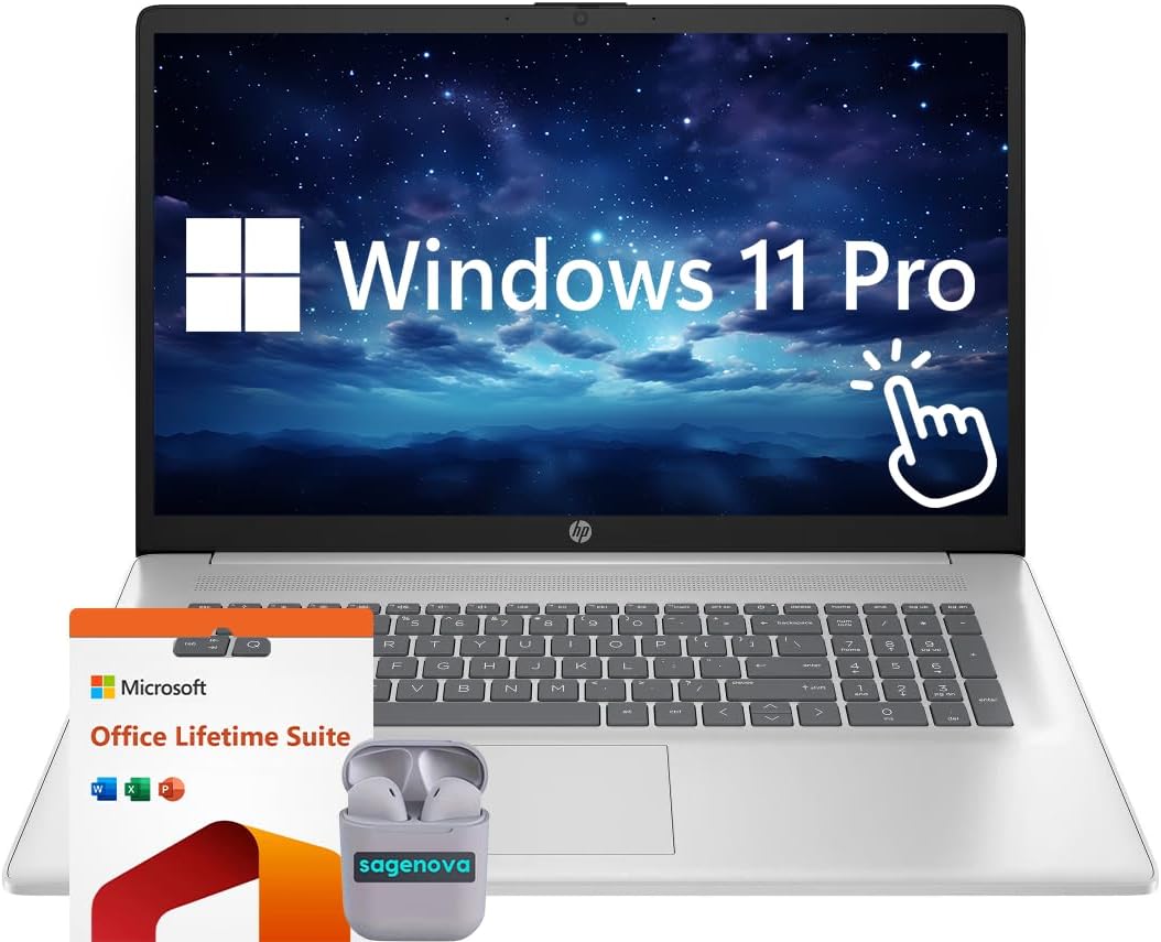HP Touchscreen 17.3' Business Laptop Computer, Windows 11 Pro 64GB RAM 2TB SSD, Intel Core 7-150U, HD+ LED Display, Microsoft Office Lifetime Suite, Backlit Keyboard, SageNova Earphones, Silver