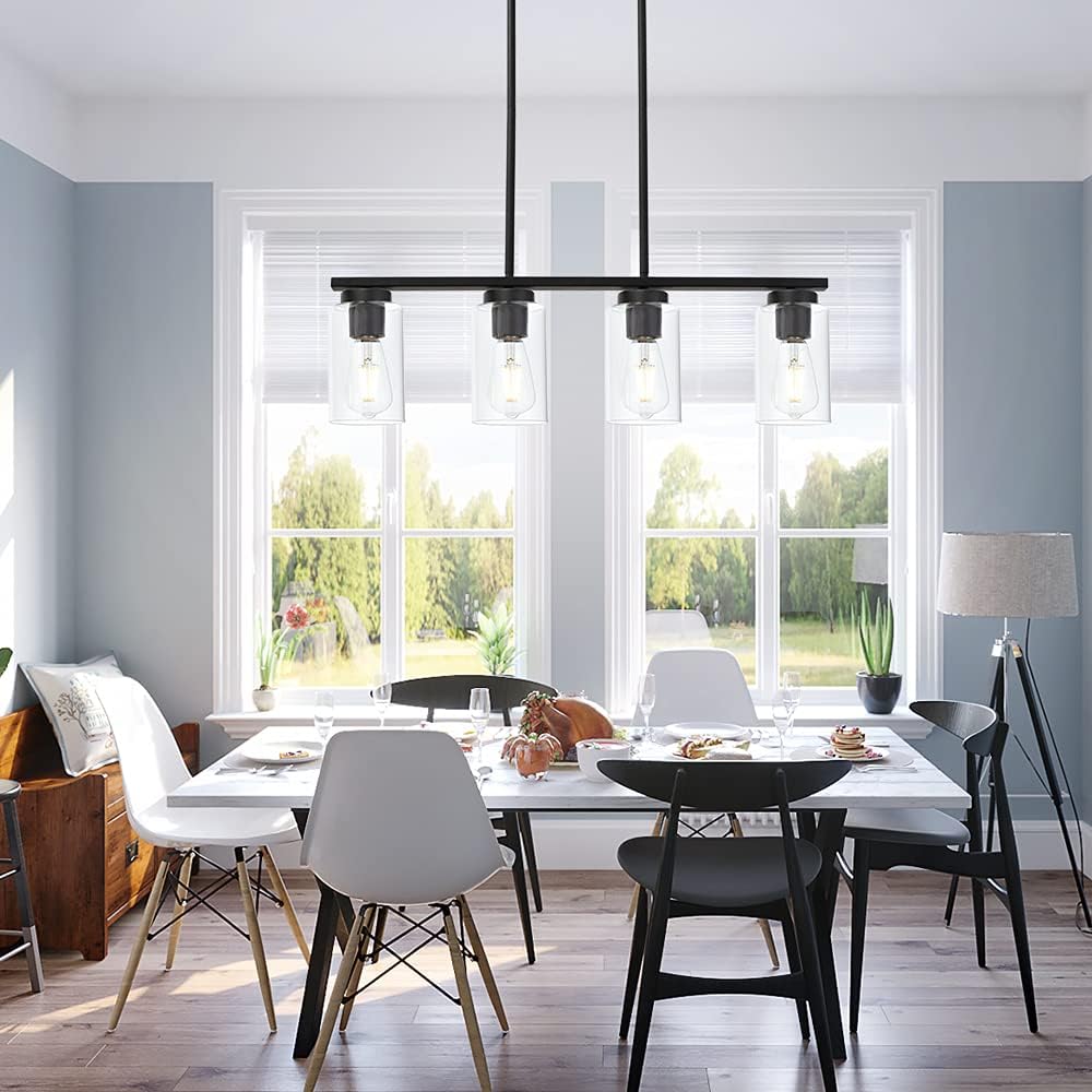 TODOLUZ Black Pendant Light Fixtures with Clear Glass Shades, 4-Lights Linar Kitchen Island Light for Farmhouse Dining Room Kitchen Pool Table