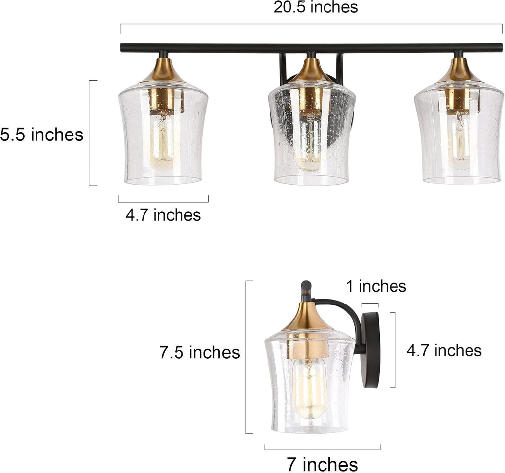 ZEVNI Vanity Light Fixture, 3-Light Bathroom Black and Gold Vanity Light Fixtures with Seeded Glass Shades, 20.5' X 7.5' X 7'