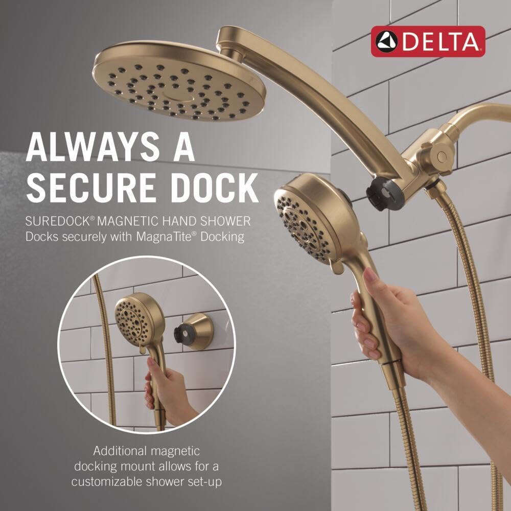 Delta 7-Setting PivotPro 3-in-1 Combination Shower Head with ProClean Spray, Brushed Gold Round Shower Head Rainfall with Handheld Spray, 2.5 GPM, Lumicoat Champagne Bronze 58600-CZ-PR25