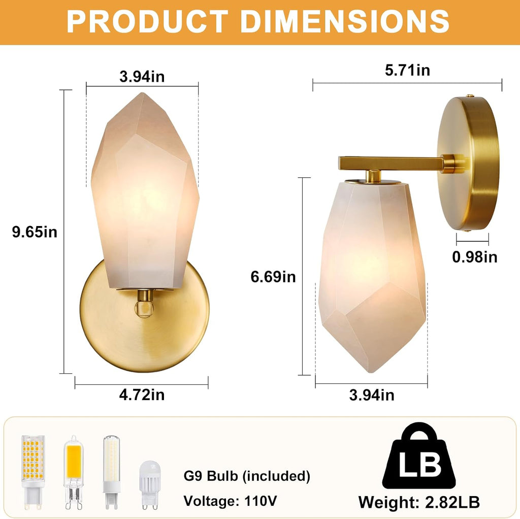 Alabaster Wall Sconces Set of Two, Spanish Marble Wall Lamp, Modern Wall Sconce for Living Room, Hardwired Wall Lighting for Bedroom, Wall Light for Bathroom Hallway Stairs, Gold