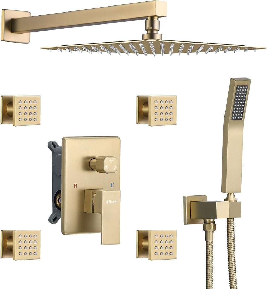 Full Body Rain Shower System with 4 Body Shower Jets & 12'' Wall Mount Rainfall Shower Head & Handheld, DASAN Multi Shower Head System Brushed Gold Rain Shower Faucets sets Combo with Rough-in Valve