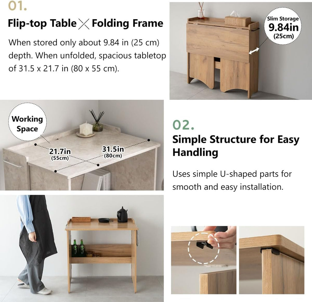 EMOOR Folding Desk TATAMU Wooden Panels (Oak), Space-Saving Rectangular Table No Assembly Easy to Fold and Store