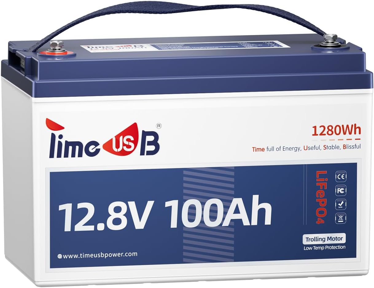 12.8V 100Ah Trolling Motor LiFePO4 Battery with Low-temp Protection, Timeusb Group 31 Lithium Battery, Up to 15000 Deep Cycles Battery for RV, Solar, Travel Trailer, Energy Storage- Off Grid