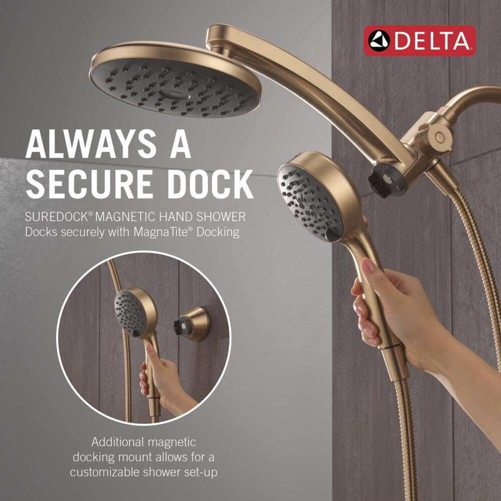 Delta 6-Setting PivotPro 3-in-1 Combination Shower Head with ProClean Spray, Brushed Gold Round Shower Head Rainfall with Handheld Spray, 1.75 GPM, Champagne Bronze 75648CZ