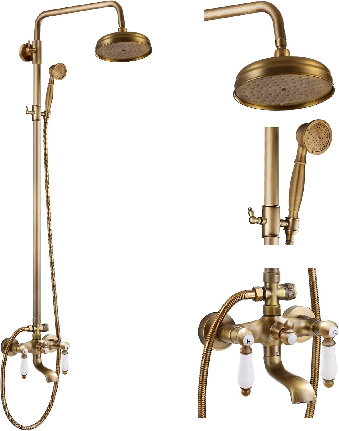 gotonovo Antique Brass Shower Faucet 8-inch Shower Head Fixture with Handheld Spray Double Lever Handle Bathtub Spout Triple Function Bathroom Wall Mount