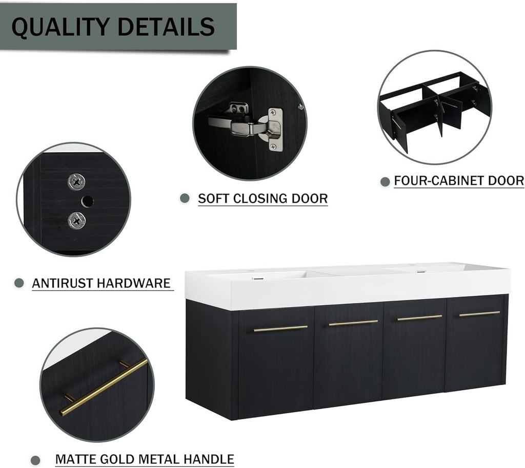 60' Black Wall Mounted Double Sink Vanity, High End Floating 4 Door Cabinet with Thicken Edge Resin Sink, 60 Inch Large Wood Vanity with Gold Handle