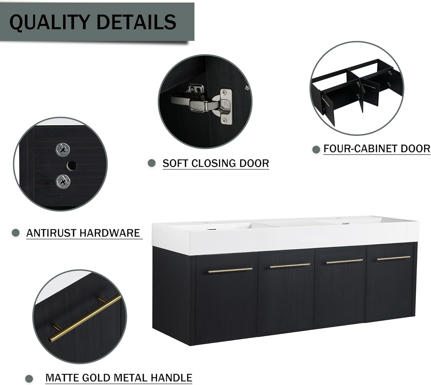 60' Black Wall Mounted Double Sink Vanity, High End Floating 4 Door Cabinet with Thicken Edge Resin Sink, 60 Inch Large Wood Vanity with Gold Handle