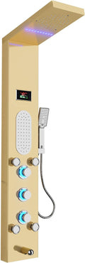ELLO&ALLO LED Shower Panel Tower System, Rainfall and Mist Head Rain Massage Stainless Steel Shower Fixtures with Adjustable Body Jets, Brushed Gold