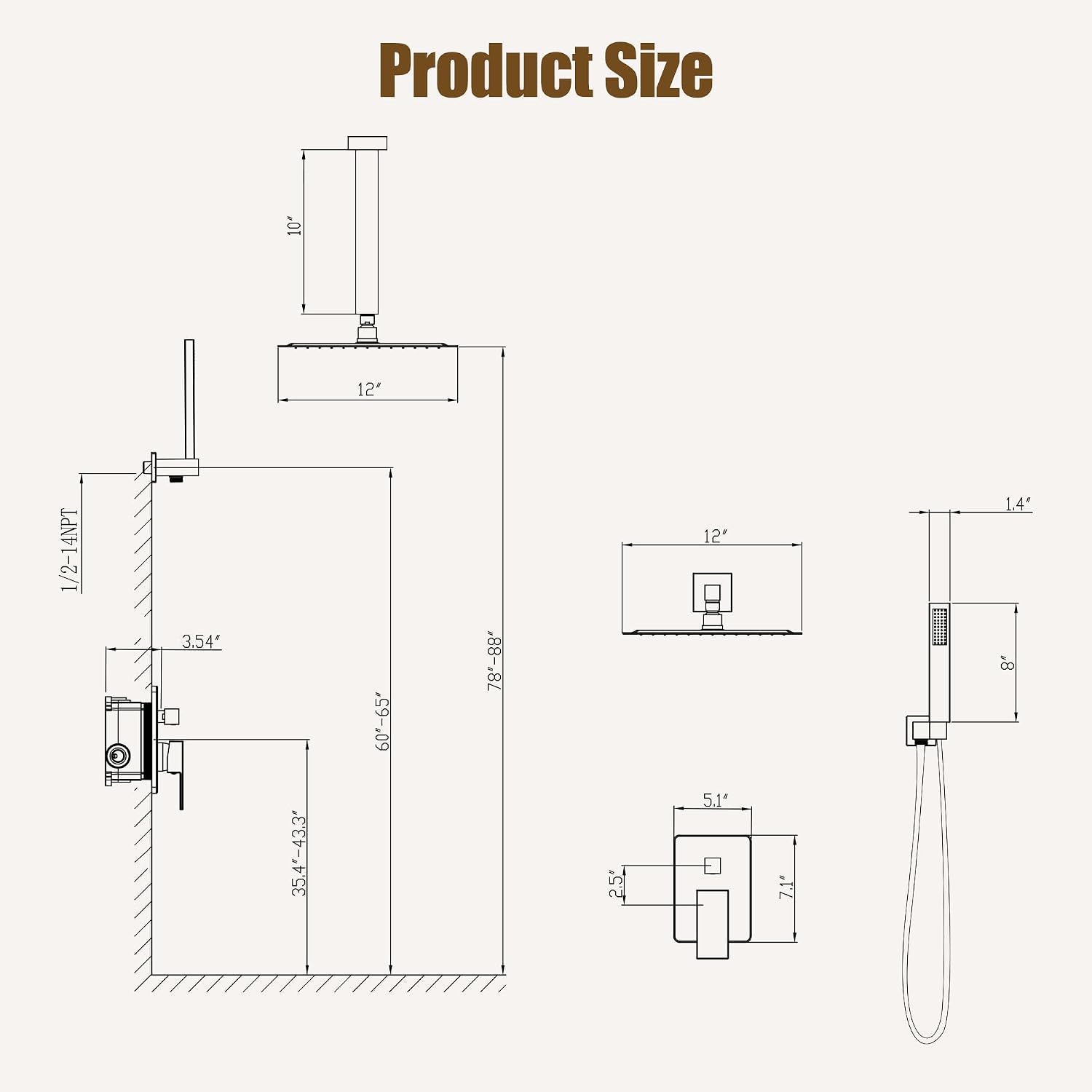 ESNBIA Gold Shower Head System, All Metal 12 Inches Ceiling Shower Faucet Set with Valve, Rain Shower Head with Handheld Spray Combo, Brushed Gold