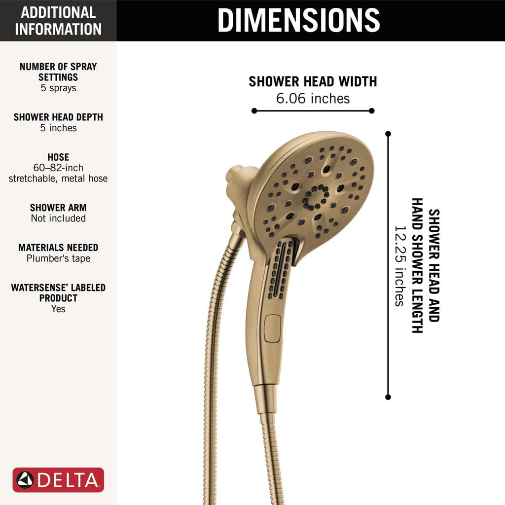 Delta Faucet 5-Spray In2ition 2-in-1 Dual Hand Held Shower Head with Hose, H2Okinetic Handheld Shower Head with Magnetic Docking, Gold Handheld Shower Heads, Lumicoat Champagne Bronze 58620-CZ-PR-PK