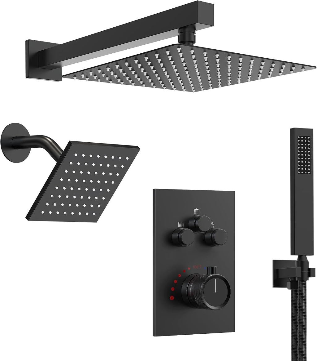 Wall Mount 12' High-Pressure Rainfall Shower Faucet, Dual Rainfall Shower Head System with Valve (Matte Black)