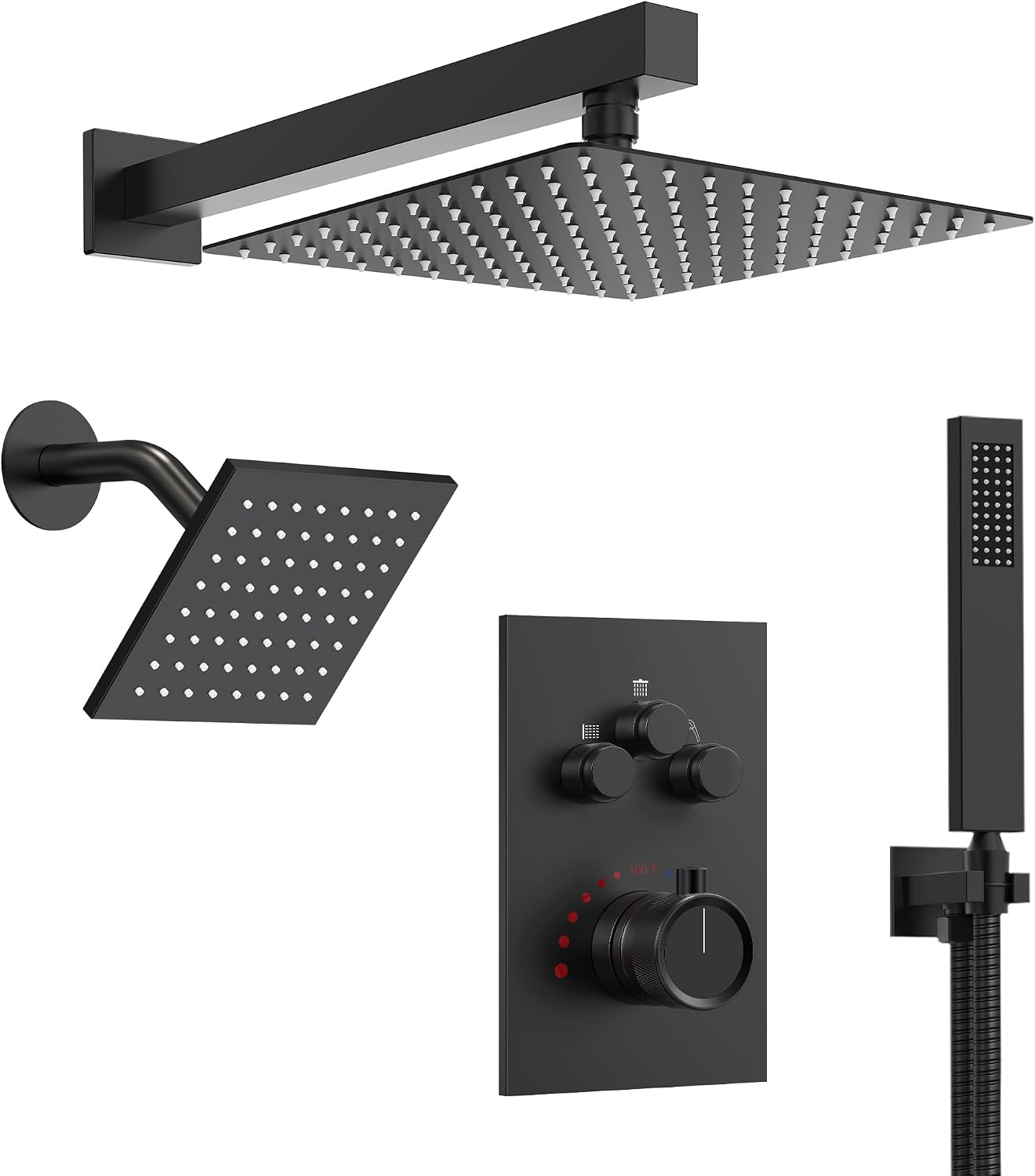 Wall Mount 12' High-Pressure Rainfall Shower Faucet, Dual Rainfall Shower Head System with Valve (Matte Black)