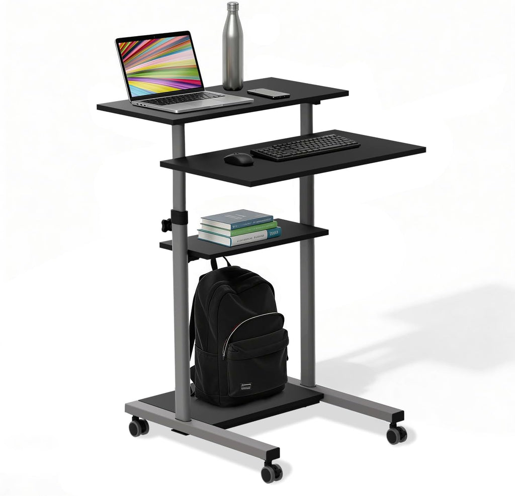 Mount-It! Rolling Desk Adjustable Height up to 54.7', Portable Standing Desk for Laptop or Podium Stand with Wheels, Mobile Roller Presentation Cart, Computer Work Station 27.5' Wide, Locking Wheels
