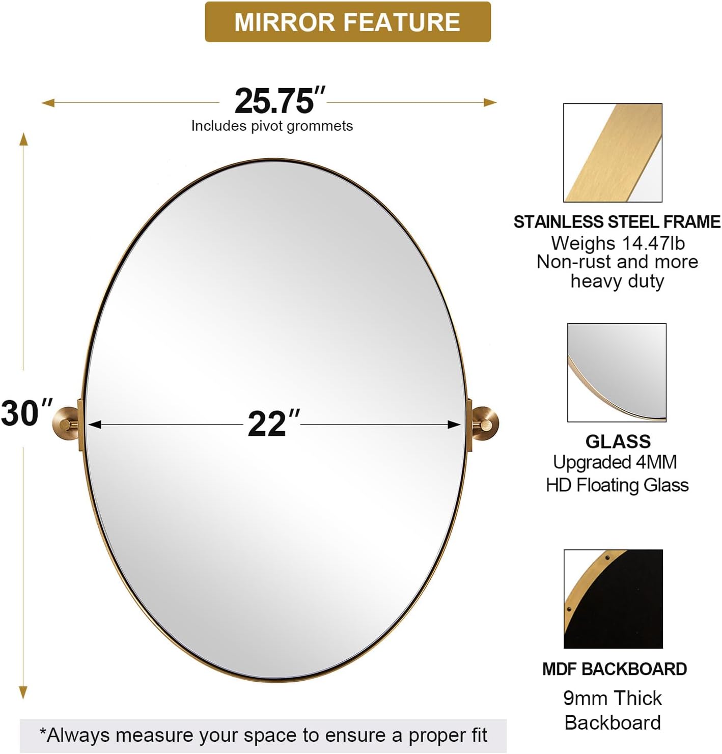 MOON MIRROR Gold Oval Mirror, Oval Pivot Mirror for Bathroom, Brass Oval Vanity Mirror for Wall, Oval Mirror for Bathroom, Brushed Gold Tilting Bathroom Pivoting Mirror(Overall 25.37' x 30')
