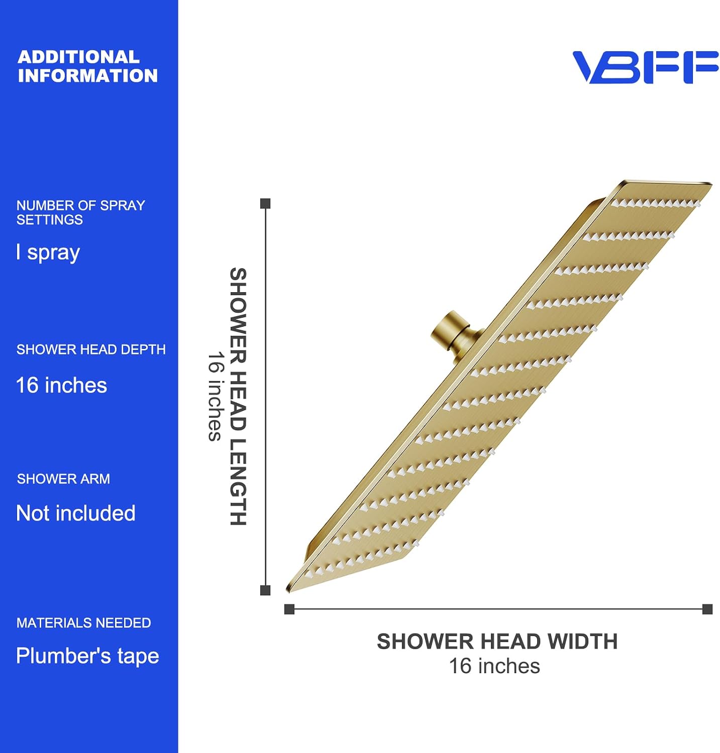 VBFF-Shower Head,rain shower head, 16 inch- Square Shower Head, 1.8 GPM Flow Rate, rainfall showerhead,VBFF10 (Brushed Gold)