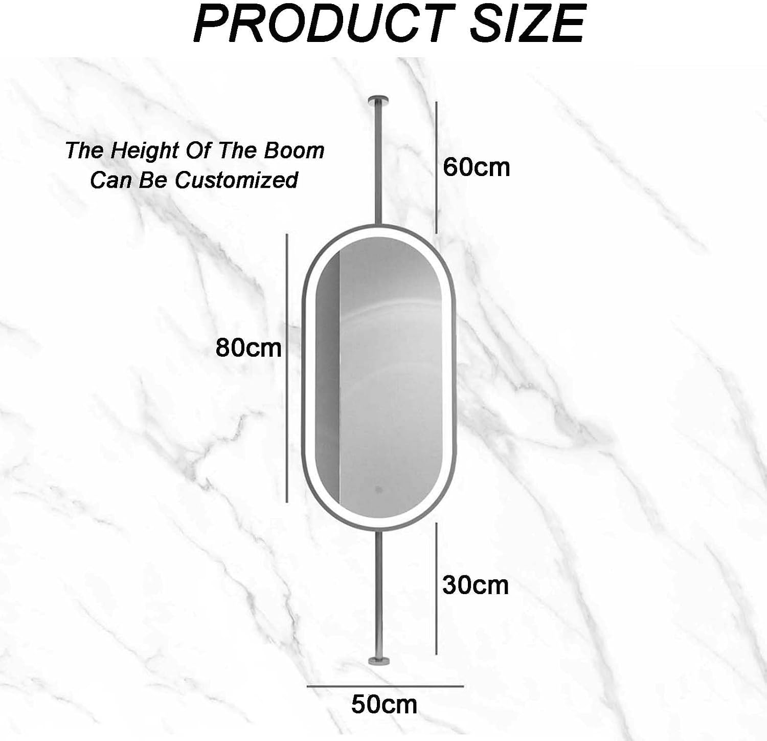 Ceiling Hanging Mirror,Oval Wrought Iron Frame Hanging Mirror,Bathroom Vanity Mirror with LED Lighting,for Bedroom Bathroom Living Room,Black-80L x 50W cm,Black-80L x 50W cm