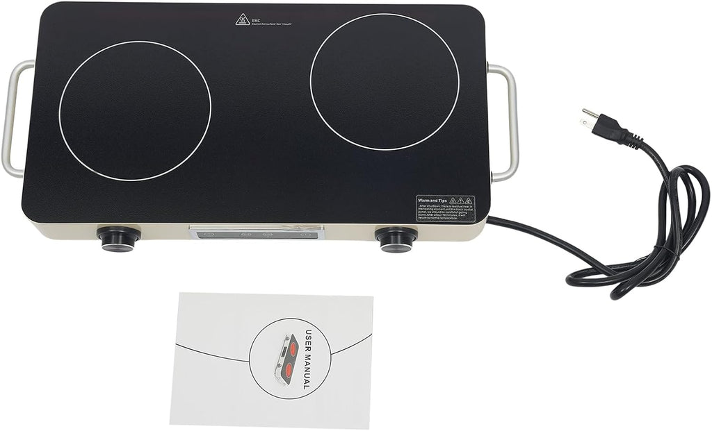 Electric Cooktop Double-burner 10'' Electric Stove Top with Knob Control Electric Countertop Burner with Kids Lock & Timer Cooktop with Plug in Over-Temperature Protection for Kitchens Rvs Apartments