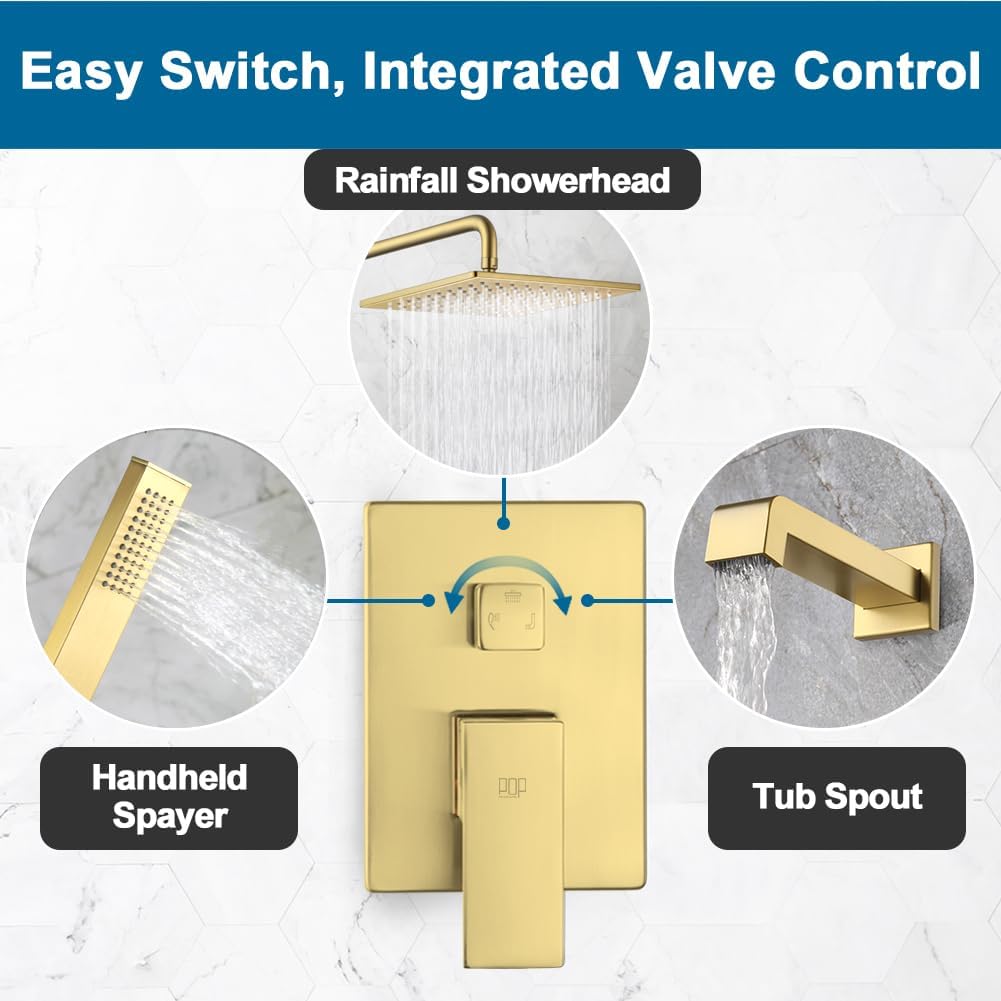 Shower Tub Faucet Set Brushed Gold Bathroom Rain Shower System with Tub Spout Wall Mounted Rainfall 10 Inch Thickened Shower Head and Handle Set Include Shower Valve and Trim Kit