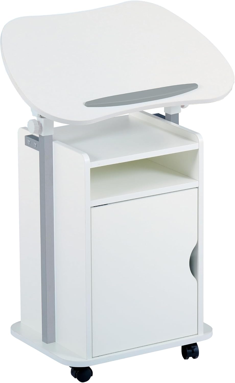 Techni Mobili Adjustable Laptop Cart with Storage, Rolling Mobile Workstation Desk with Cabinet, Shelf & Locking Wheels. Height Adjustable Sit to Stand for Home Office, Bedside, or Classroom (White)