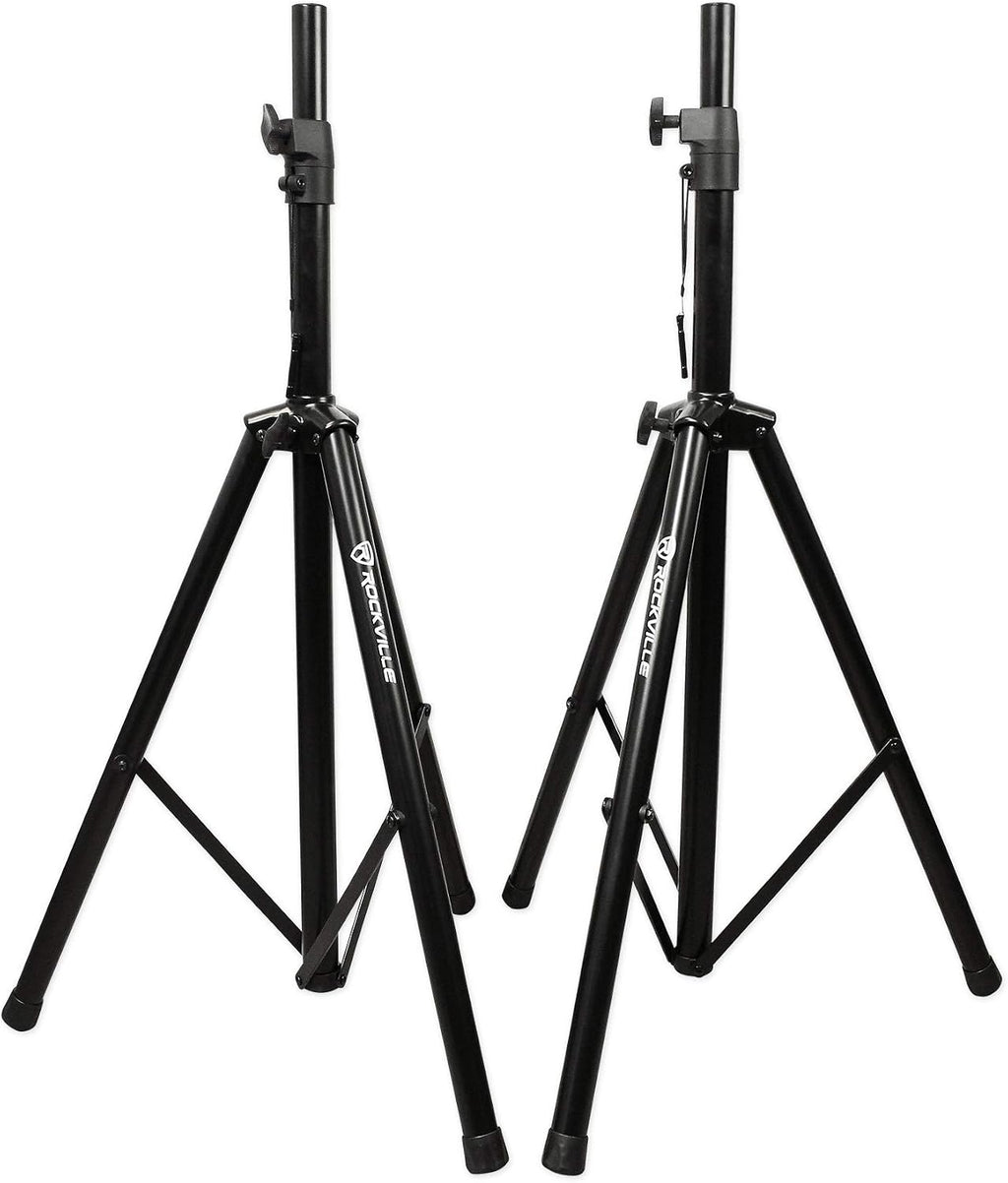 Rockville Bundle: (2) Tripod DJ PA Speaker Stands Bundle with (2) RSC7W White Tripod PA Speaker Stand Scrim Cloth+(2) ACC5 Monitor/Laptop Shelf Accessory for 35MM Pole Mount Speaker Stand (5 Items)