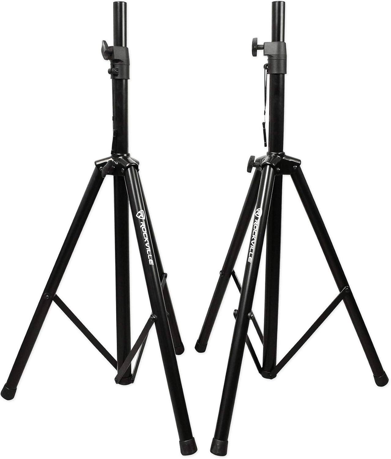 Rockville Bundle: (2) Tripod DJ PA Speaker Stands Bundle with (2) RSC7W White Tripod PA Speaker Stand Scrim Cloth+(2) ACC5 Monitor/Laptop Shelf Accessory for 35MM Pole Mount Speaker Stand (5 Items)