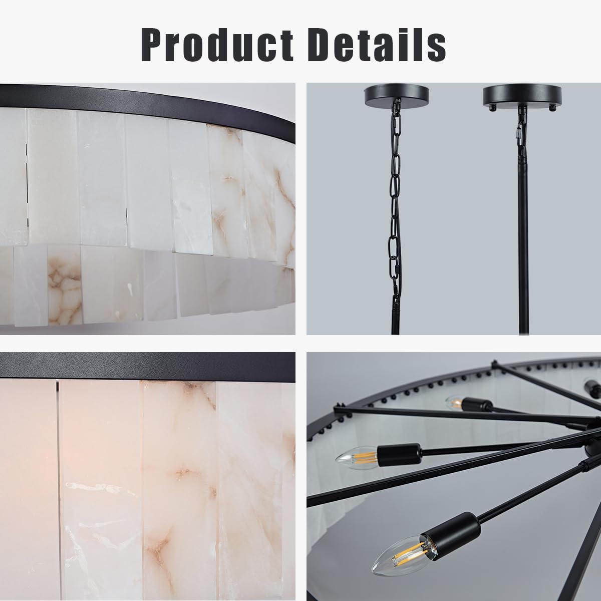 41 Inch Diam Alabaster Round Chandelier, Handmade Natural Stone Ceiling Light, Modren Organic Unique Textures Stone Light Fixture, Hanging Fixture for Kitchen Island, Dining Room, Living Room (Black)