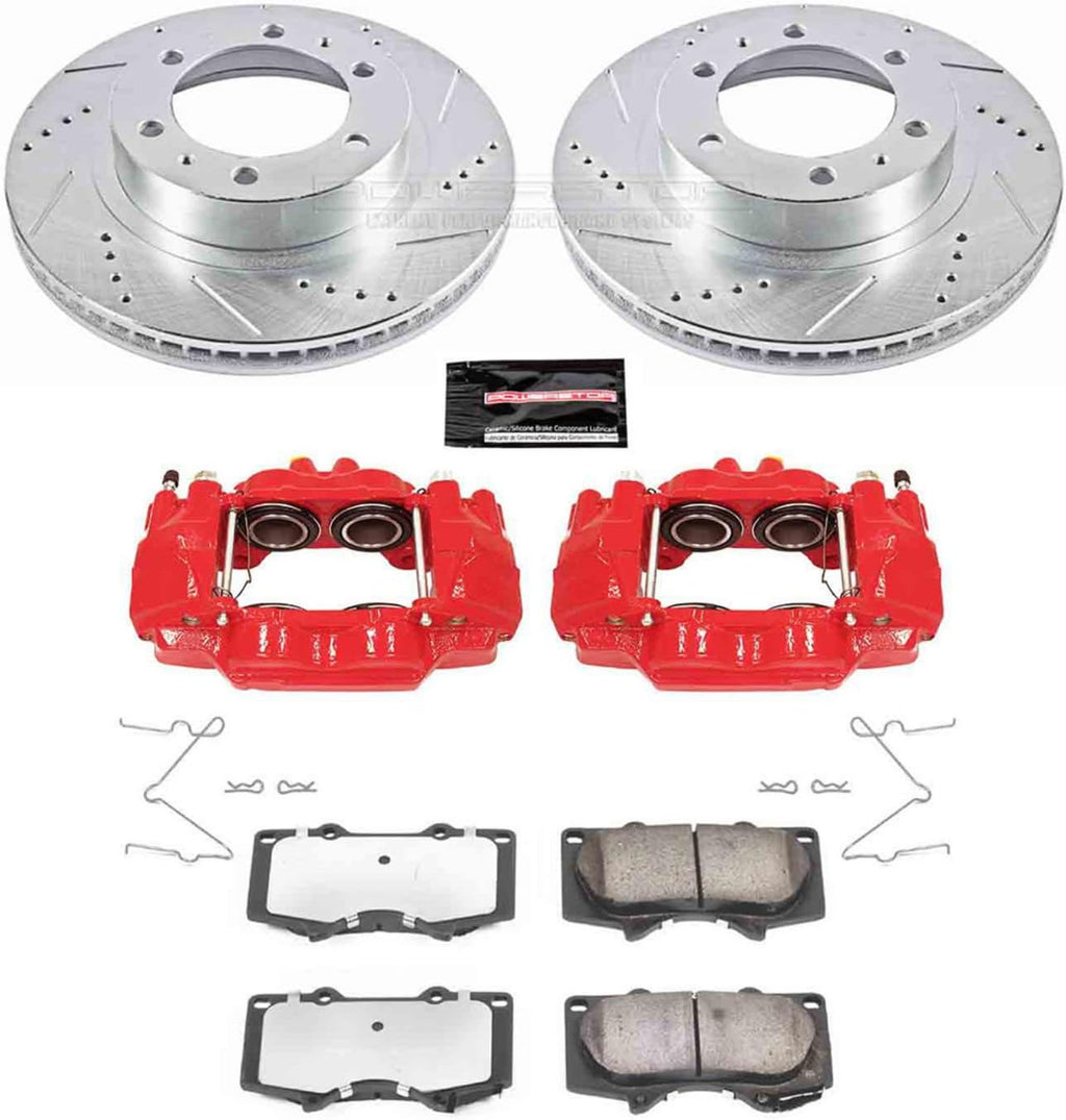 PowerStop Front Brake & Caliper Kit for Toyota 4Runner 2003-09 |FJ Cruiser 2007-14 |Tacoma 2005-23 - Drilled & Slotted Disc Rotors + Z36 Brake Pads + Red-Powder Coated Calipers, KC137-36