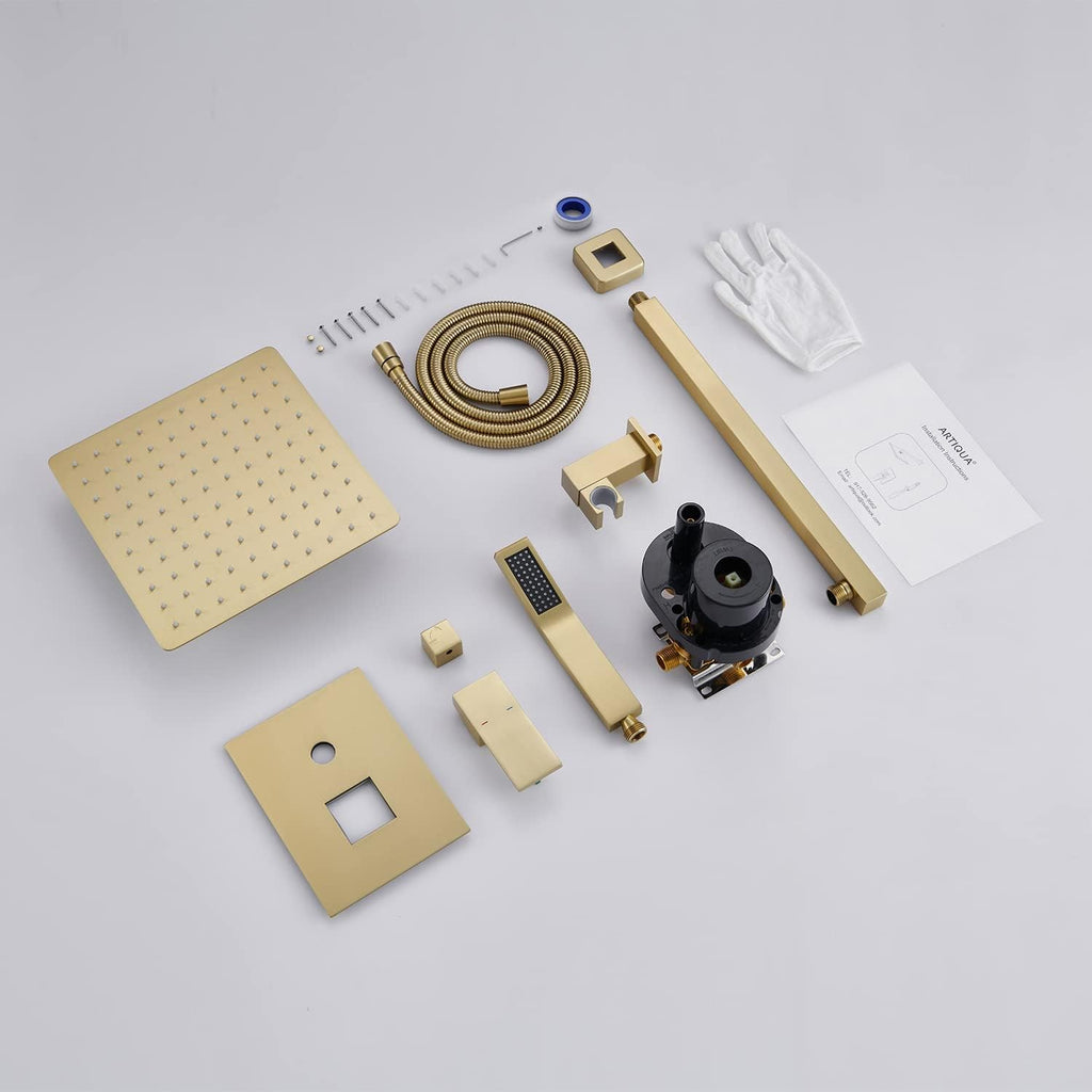 Shower System 10 Inches Rain Shower Combo Set Brushed Gold Wall Mount Faucet Bathroom Faucets with Rainfall Shower Head and Hand Shower