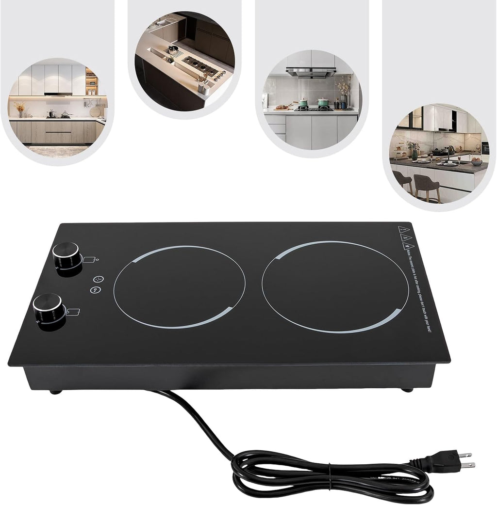Electric Cooktop, Double-burner Ceramic Electric Hob, 2100W Induction Cooktop Portable Electric Stove, Temperature Controls, Stainless Steel Hot Plate for Kitchens, Cabins, Offices, Studios