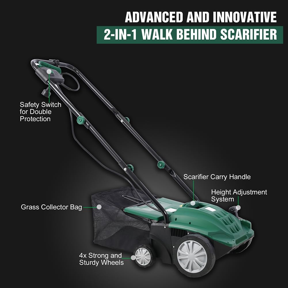 2 in 1 Electric Lawn Dethatcher Scarifier 13-Inch 12 Amp Garden Scarifier with 31.7QT Removable Collection Bag for Lawn Main