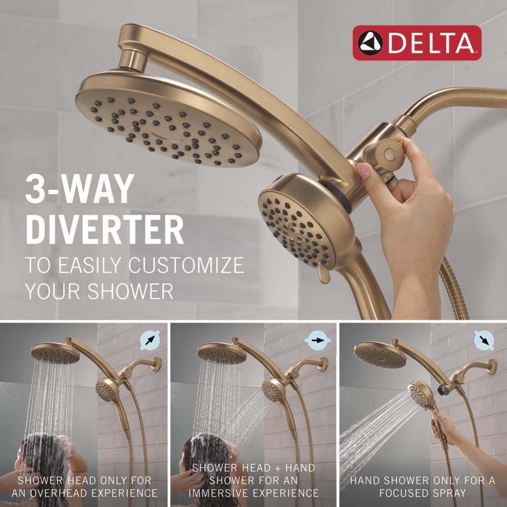 Delta 6-Setting PivotPro 3-in-1 Combination Shower Head with ProClean Spray, Brushed Gold Round Shower Head Rainfall with Handheld Spray, 1.75 GPM, Champagne Bronze 75648CZ