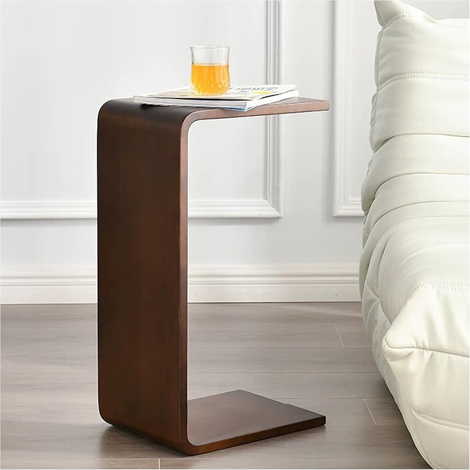 C Shaped End Table, Solid Wood Sofa Side Table for Couch, Bed, and Living Room, Space-Saving Small Snack Table for Bedroom, Office, or Balcony, Wooden Nightstand for Laptop and Narrow Spaces