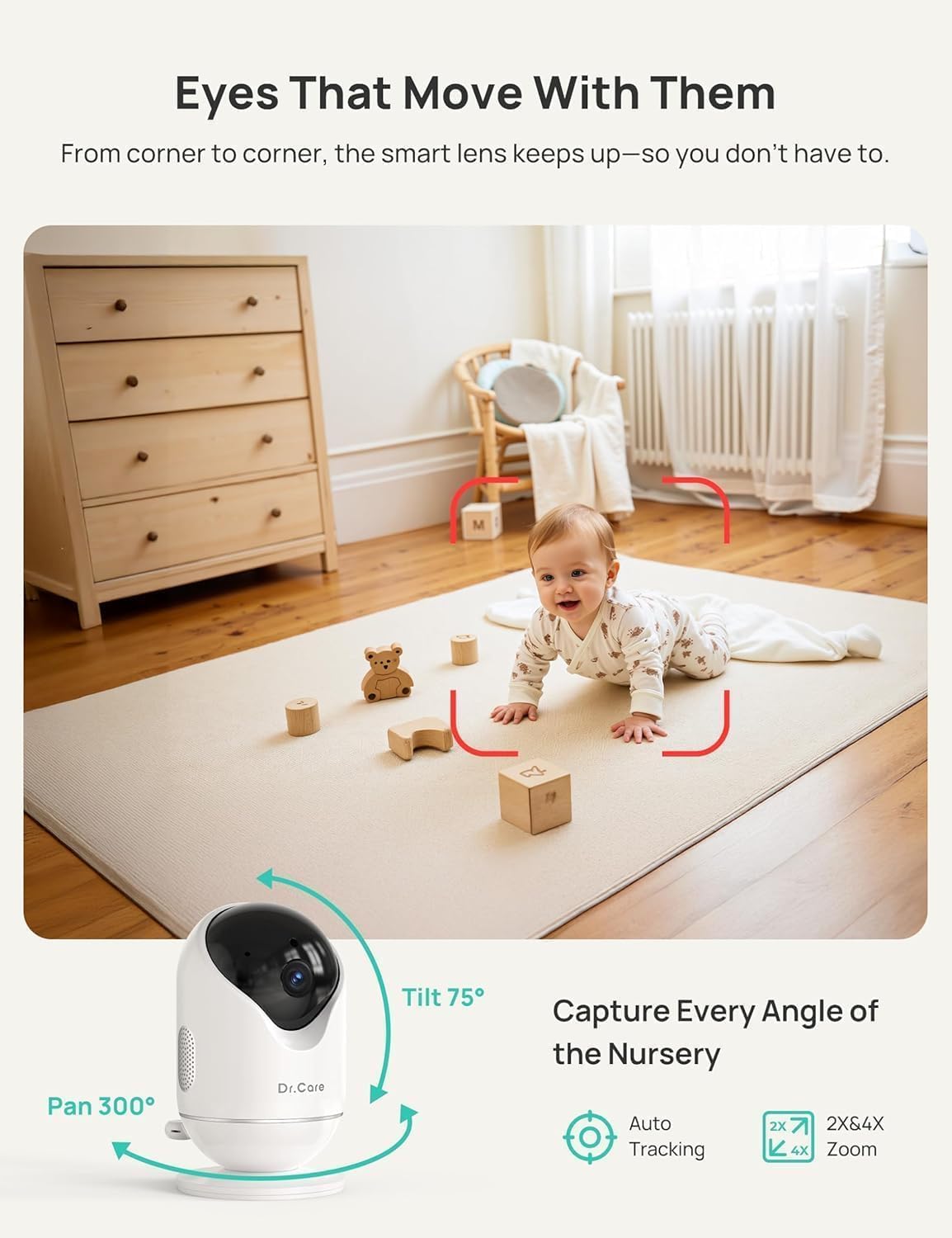 Dr.Care VistaView 5' Smart WiFi Baby Monitor with 2 Camaras - 2K Camera App Control & 1080P Split Screen, Cry & Motion Detection, Pan-Tilt-Zoom, HD Night Vision, Video Recording, Triple Security