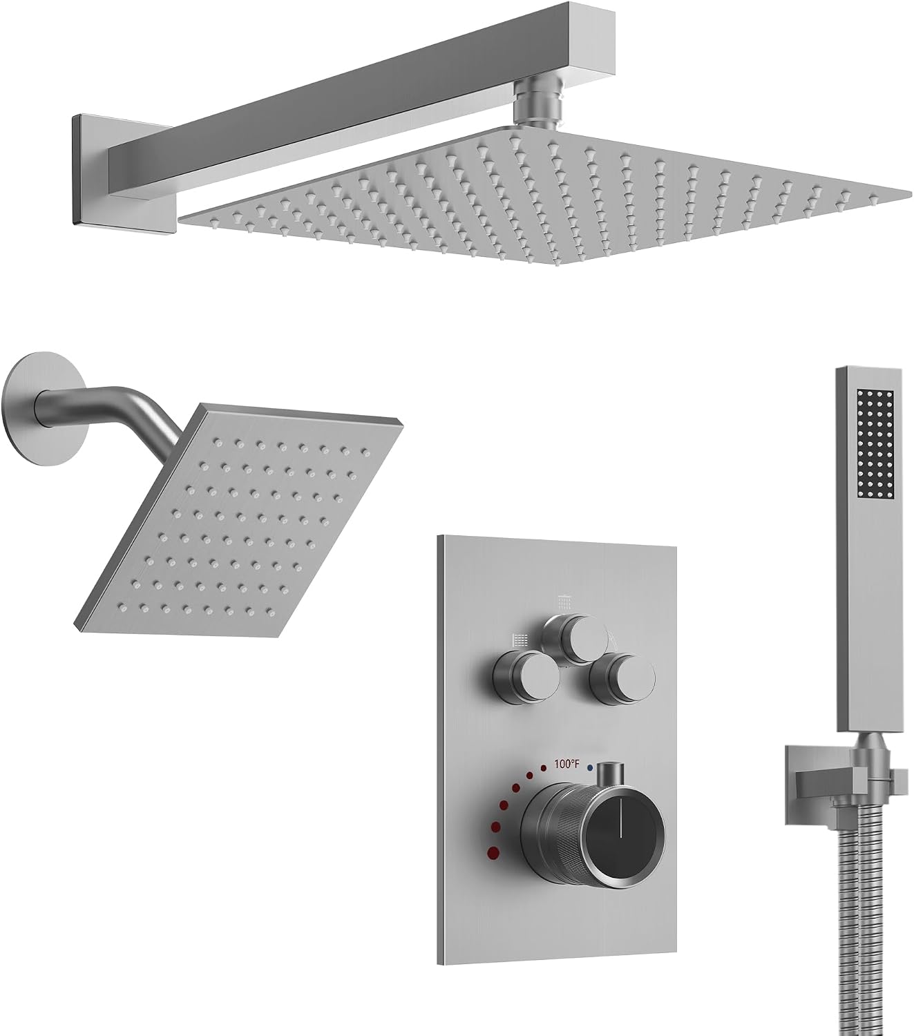 Wall Mount 12' High-Pressure Rainfall Shower Faucet, Dual Rainfall Shower Head System with Valve (Brushed Nickel)