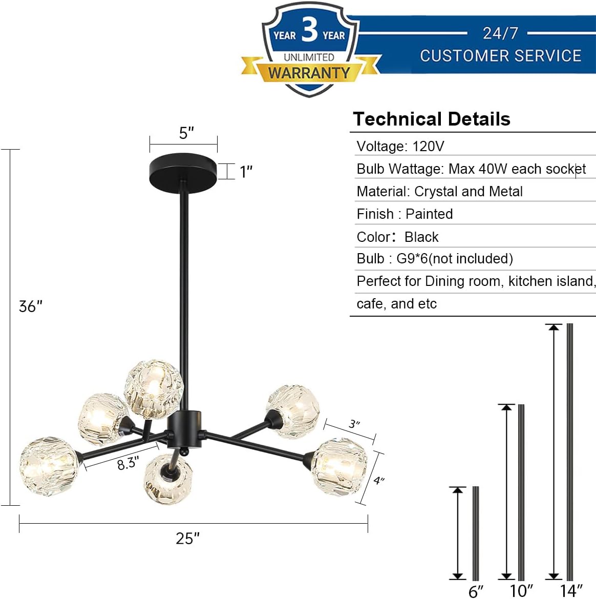 Weesalife Sputnik Chandeliers for Dining Room Light Fixture Over Table, Modern Crystal Chandeliers, 6 Lights Black Lighting Fixtures for Living Room Bedroom Kitchen Island