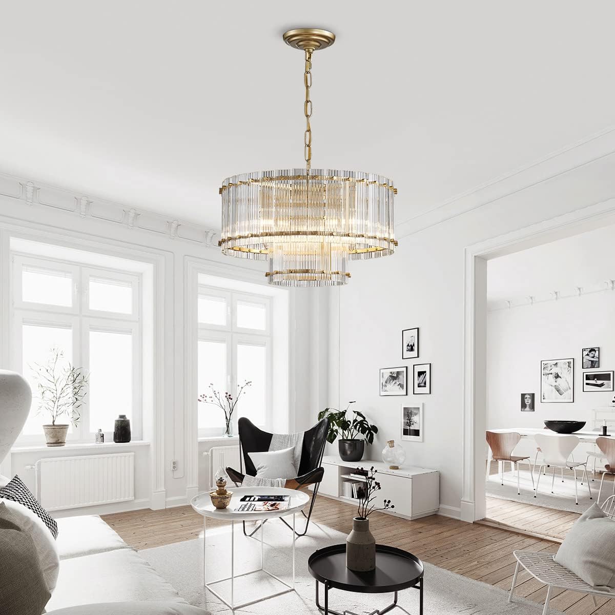 Saint Mossi Drum Glass Chandelier for Dining Room, 7 Light Gold Pendant Chandelier Light Fixture, Doule Layer Design, D18 x H10, Adjustable 59' Chains, Ripple Glass Shade & Gold Finish Metal Frame