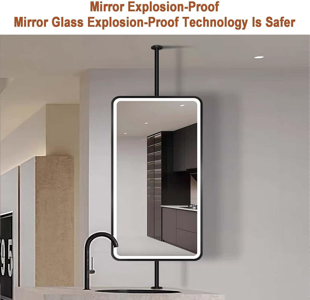 Ceiling Hanging Mirror,Wrought Iron Hanging Bathroom Vanity Mirror,Square Illuminated Hanging Mirror,Suitable for Apartment Hotel Bedroom Bathroom,Black-80L x 50W cm,Black-80L x 50W cm