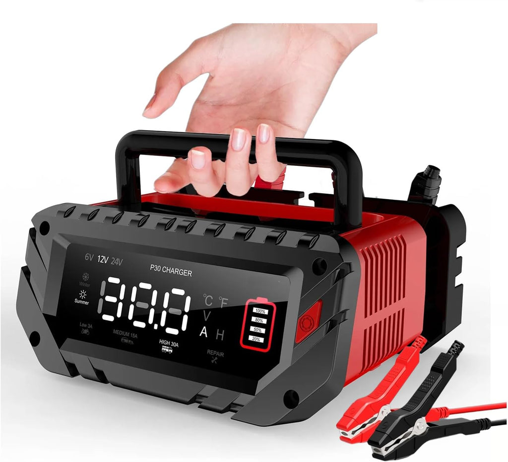Smart 6V/ 12V/ 24V 30A Battery Charger & Maintainer with Pulse Repair – 4-Mode LiFePO4/AGM/Lead-Acid Charger for Cars, Marine, Trucks, RVs, Lawn Mowers, US Plug