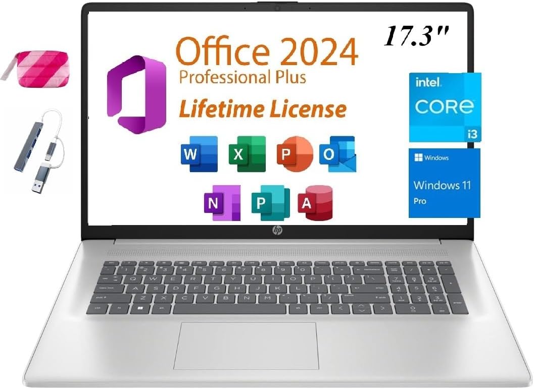 HP 2025 Premium 17 Laptop,17.3' HD+ Display,Lifetime Office 2024, Intel Core i3-N305 Processor,16GB RAM, 1TB PCIe SSD, Wi-Fi 6, HDMI, Webcam, Windows 11 Pro, Silver