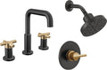 Delta Faucet Nicoli 14 Series Single-Handle Shower Faucet with 5-Setting H2Okinetic Shower Head, Nicoli Widespread Bathroom Sink Faucet 3-Hole, Matte Black/Champagne Bronze (Shower Valve Included)