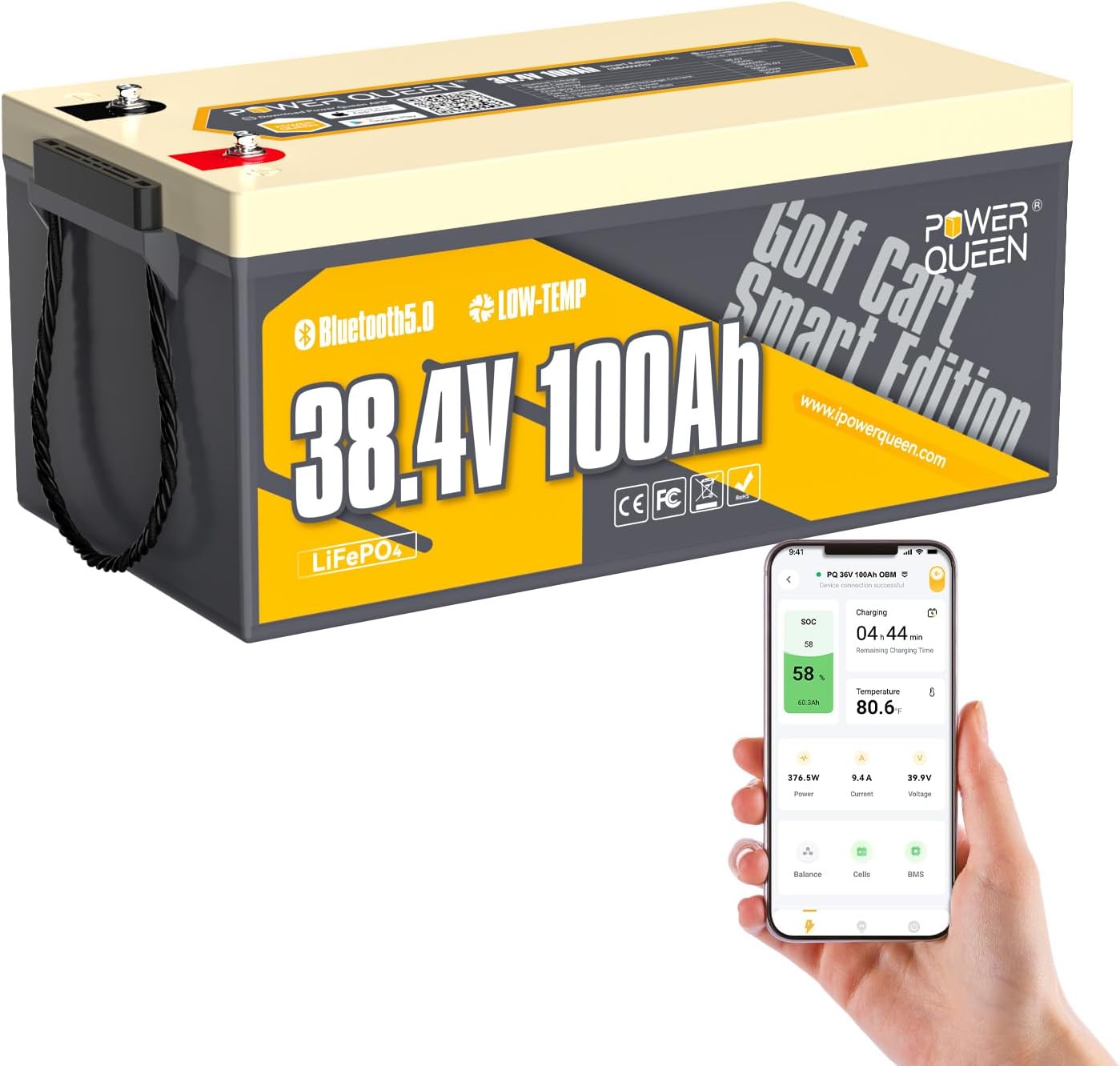 power queen 36V 100Ah Lithium Battery, LiFePO4 Battery Bluetooth 15000+ Cycles, Group 8D,Low Temp Protection for 36V-72V Electric Outboard Motors, Marine, Golf Cart E-Z-GO TXT, Off-Grid