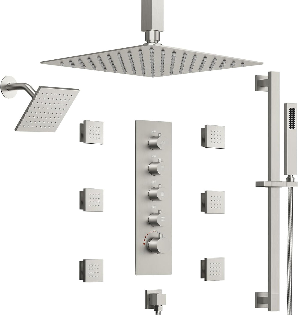 16 Inch Rainfall Shower System for Bathroom with Valve, Dual Rainfall Shower Head Faucet with 6 Body Jets (Brushed Nickel)