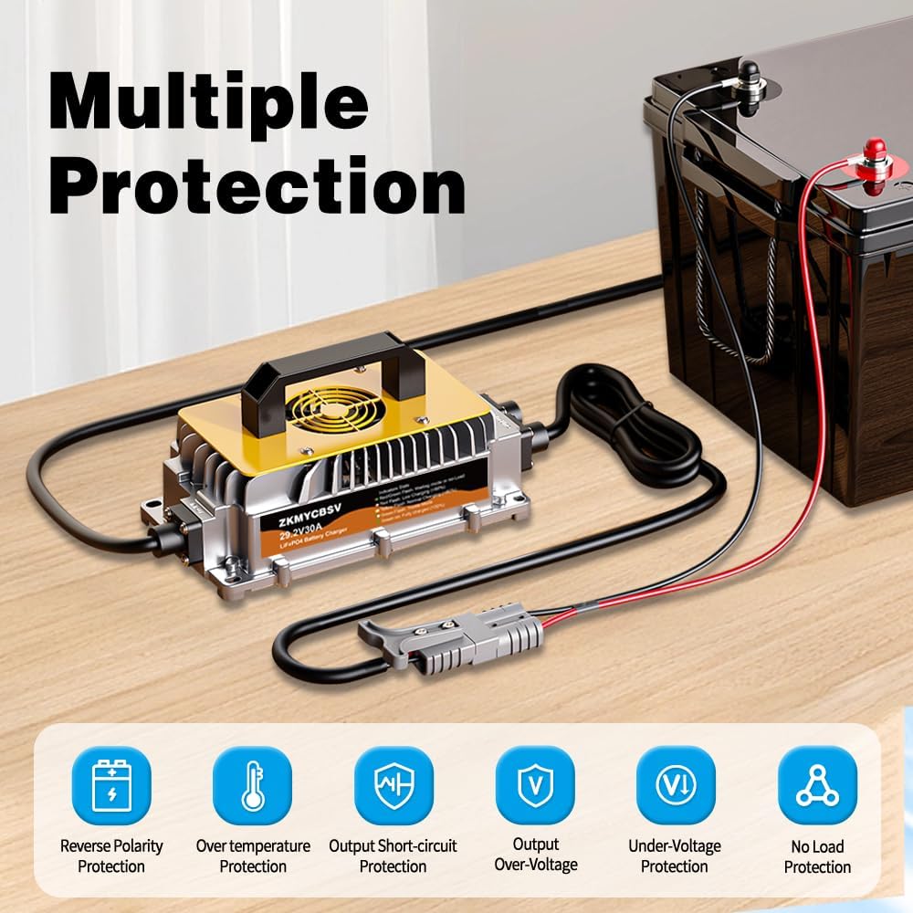 29.2V 30A Lithium LiFePO4 Battery Charger，29.2V LifePO4 Battery Charger for 24V LiFePO4 Lithium Deep Cycle Rechargeable Battery, Multi Protections, Support Fast Charging for RV Boat Car Lawn Mower