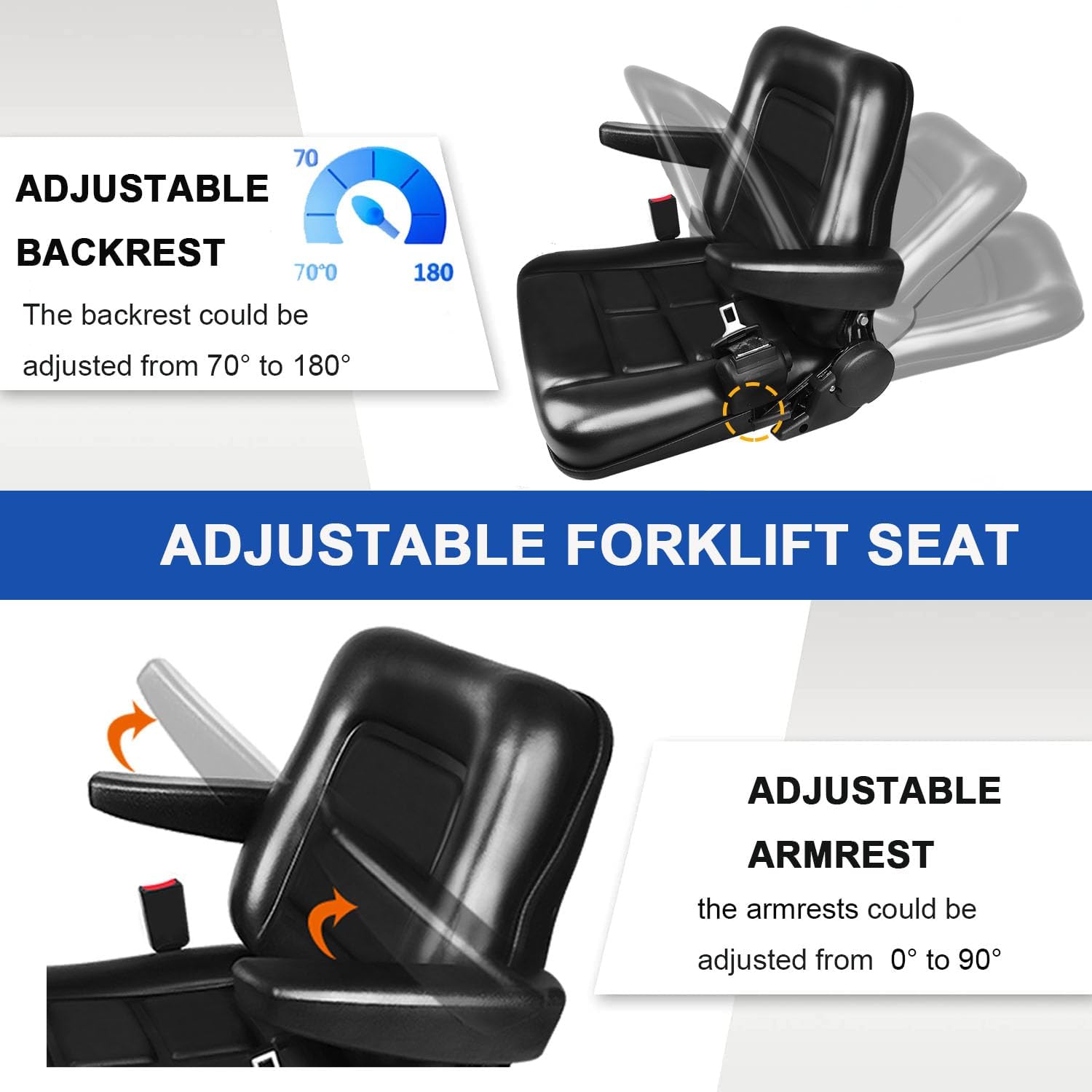 Universal Lawn Mower Seat Replacement Tractor & Forklift Seat with Adjustable Back/Slide Rail/Armrest/Seatbelt,Waterproof PVC Thickened Cushion Mower Seat Compatible with Ariens Snapper GTH Xmark
